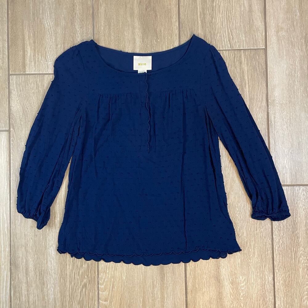 Maeve Anthropologie Navy Blue Swiss Dot Scallop Hem Blouse Women’s 4